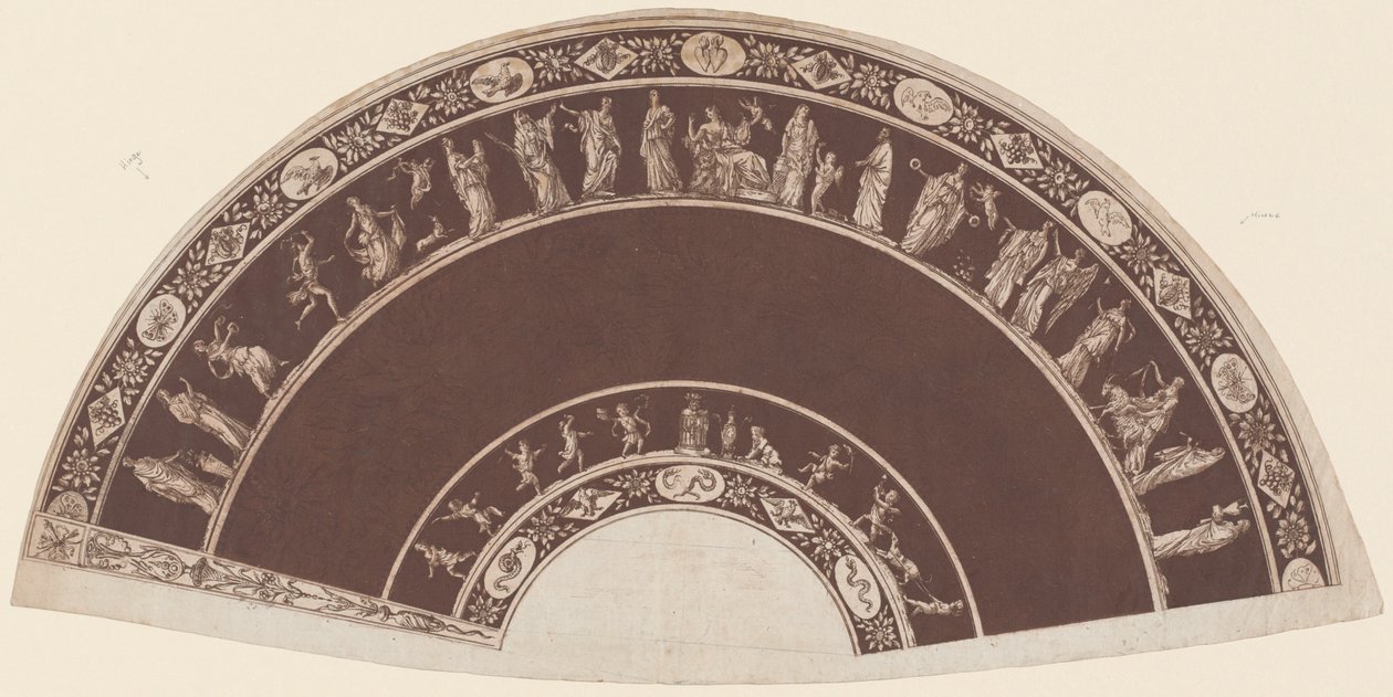 En fläkt med klassiska figurer som bearbetar till Apollo av French 18th Century