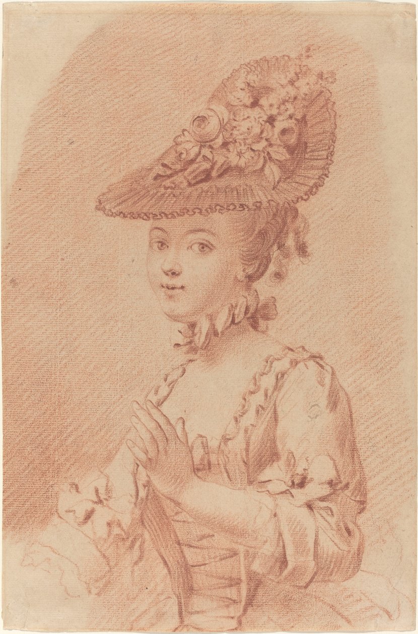 En ung flicka som bär en blommig hatt av French 18th Century