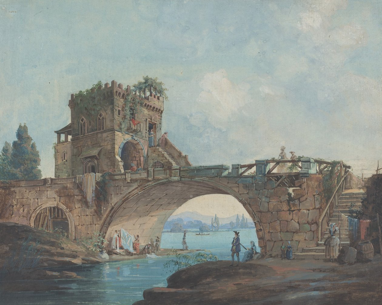 Ponte Salario med tvätterskor av French 18th Century after Hubert Robert
