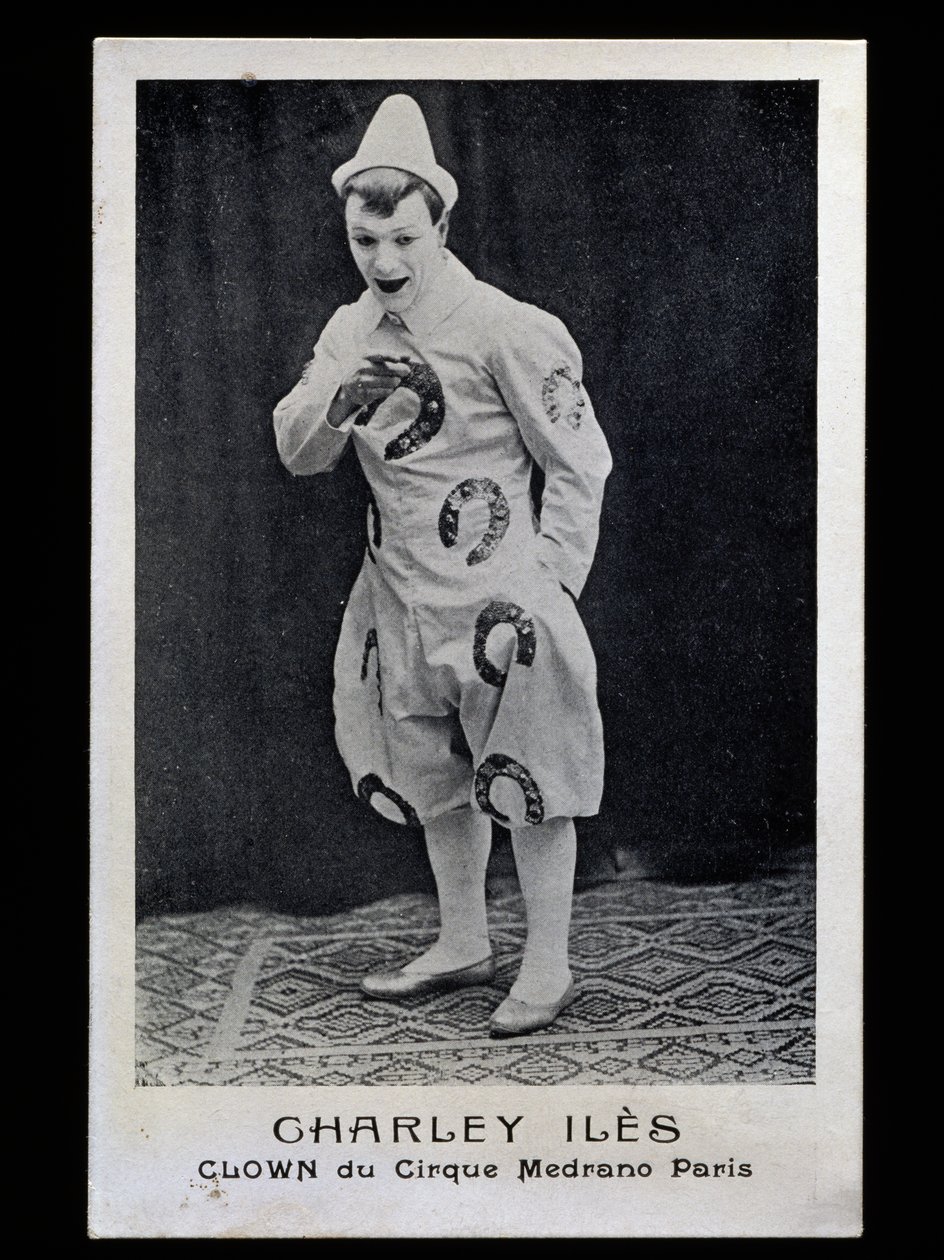 Clownen Charley Iles (1876-?) från Medrano-cirkusen i Paris, cirka 1910, vykort, Frankrike, 1900-talet av French Photographer