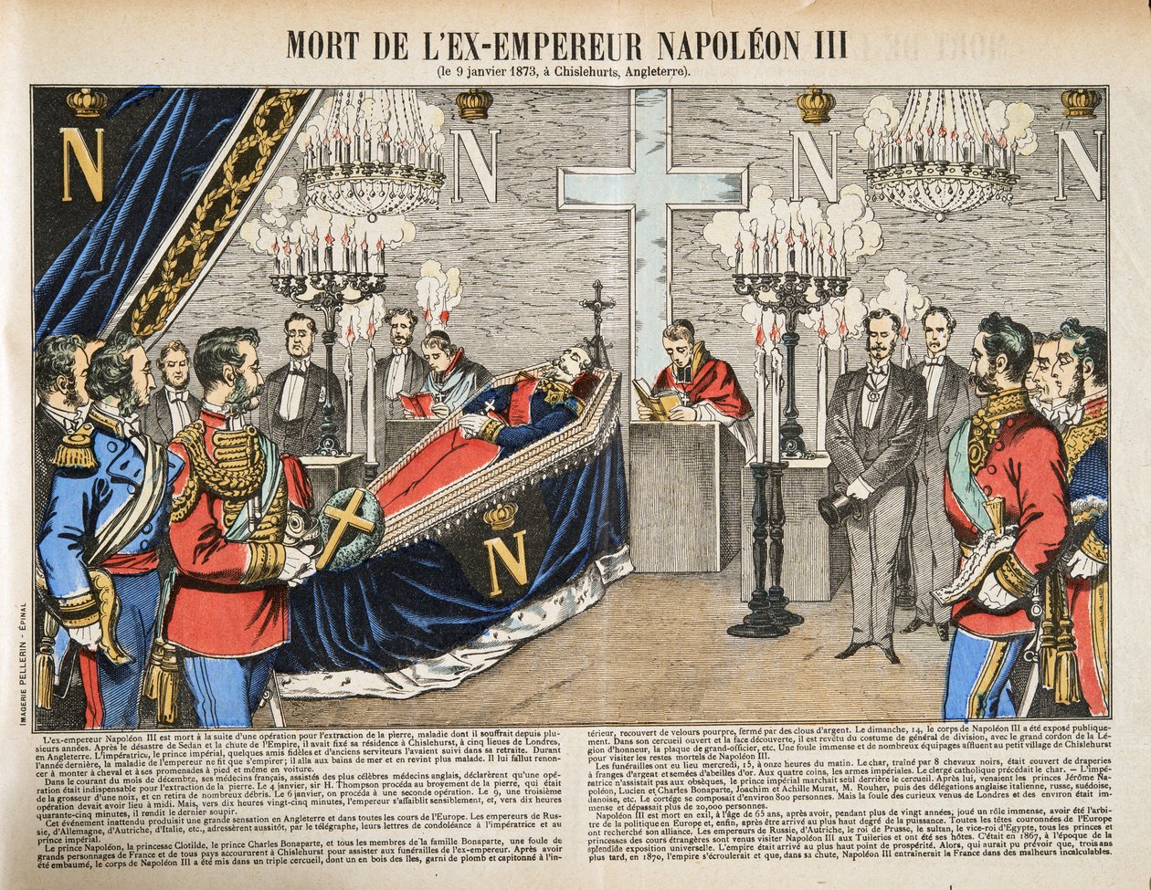 Ex-kejsaren Napoleon III död, från Histoire de la Troisieme Republique, Vol. I, Politisk historia, pub. 1933 (färg litho) av French Photographer