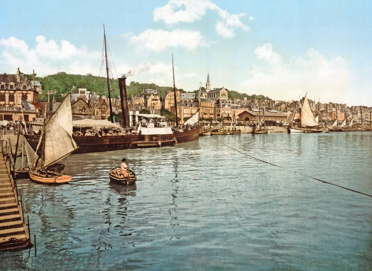Paketbåt på Touquesfloden, Trouville, pub. 1900 av French Photographer