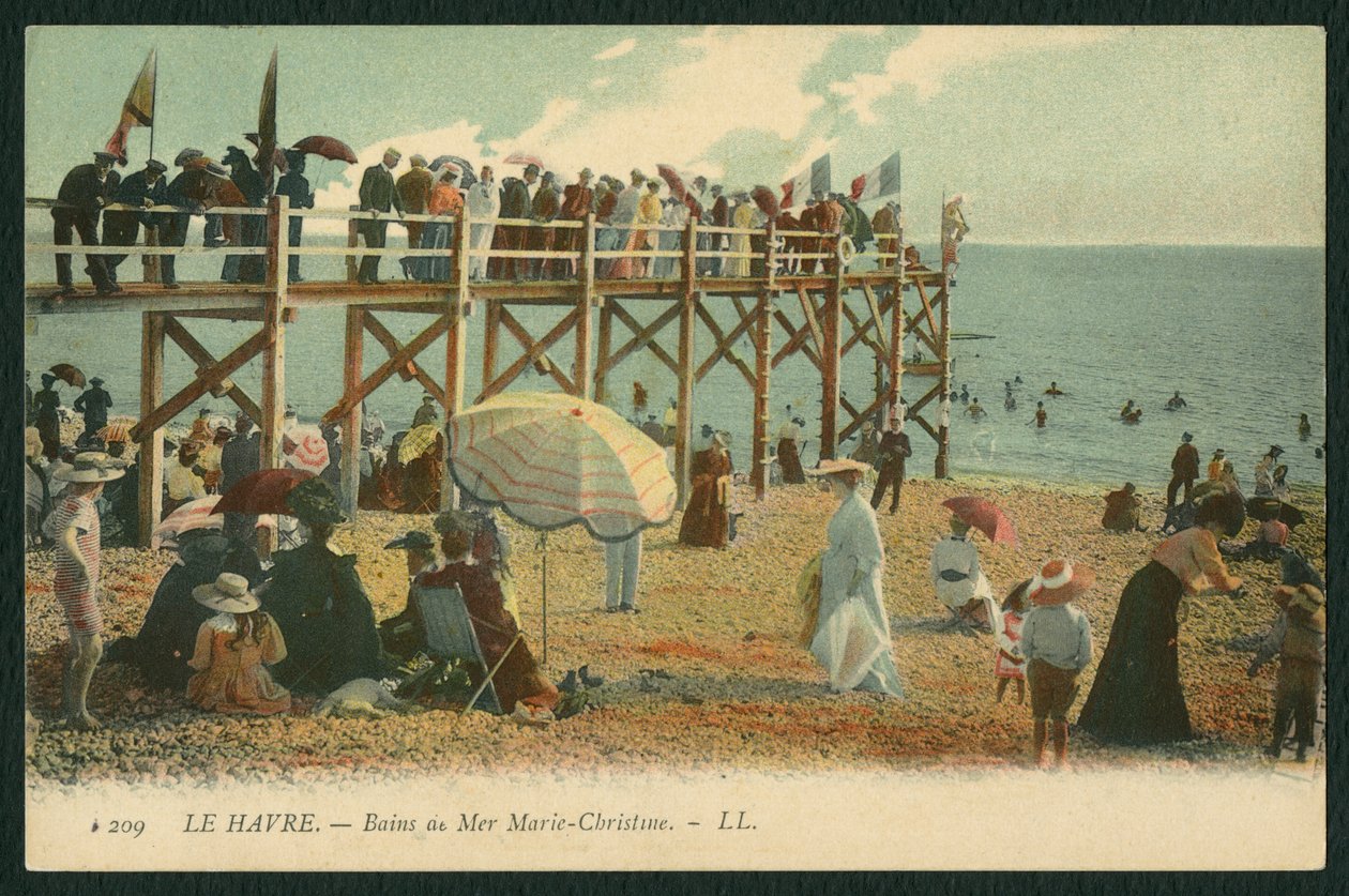 Vykort föreställande baden Marie-Christine i Le Havre, ca 1900 (färgat bw-foto) av French Photographer