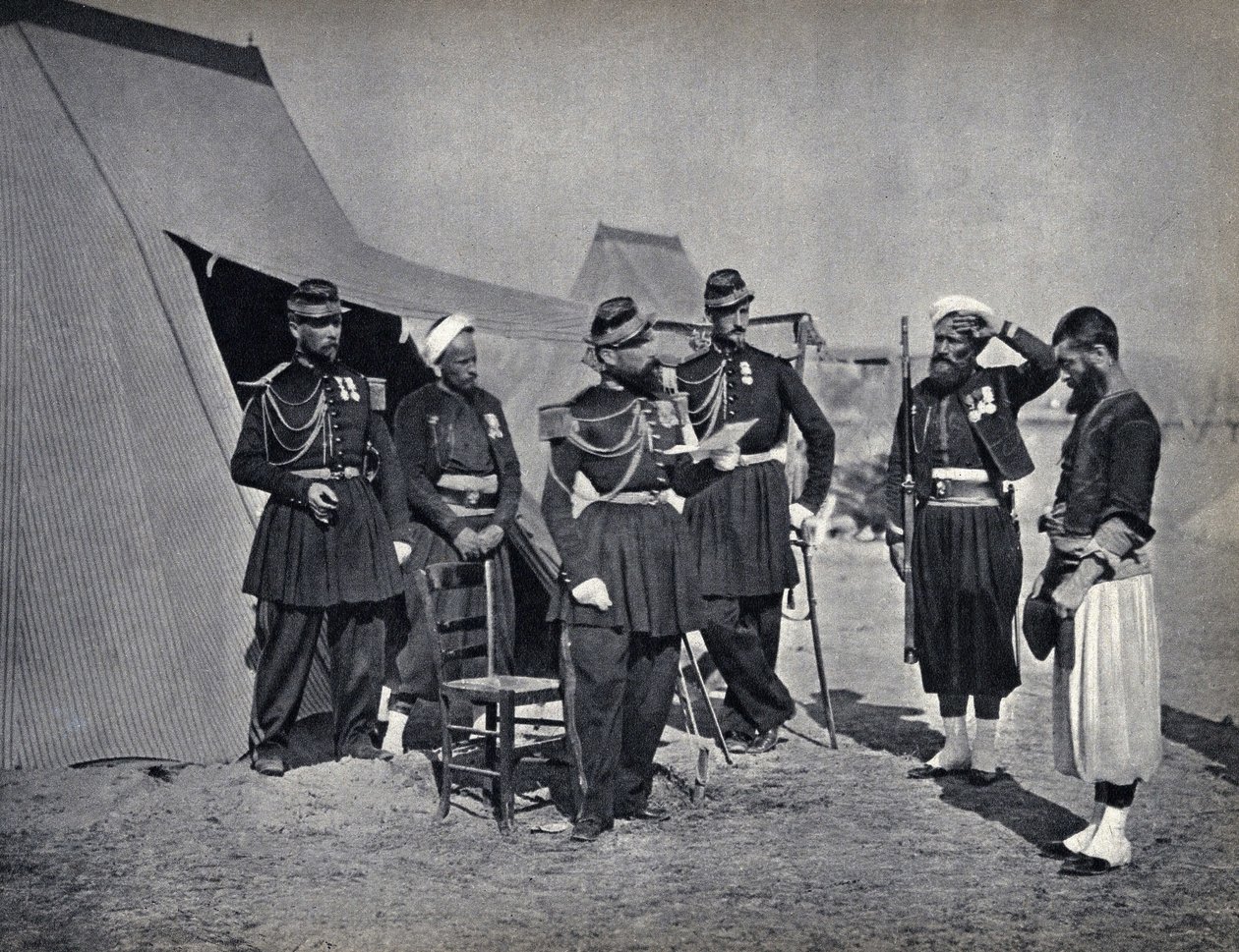 Straff, soldater från den franska armén under Krimkampanjen 1854. Fotografi, sent 1800-tal. av French Photographer