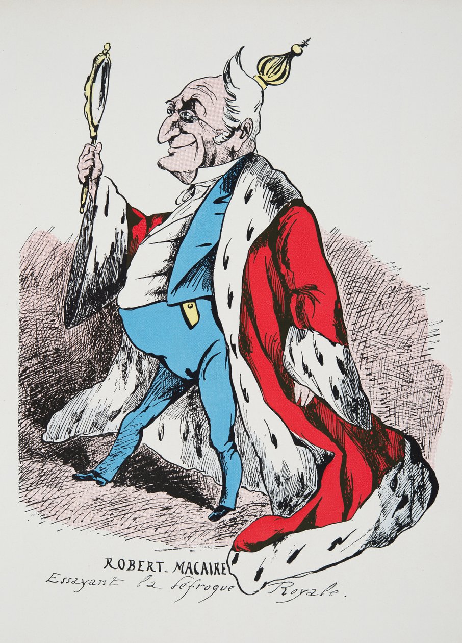 Robert Macaire - Trying on the Royal Disfrock, från Histoire de la Troisieme Republique, Vol. I, Politisk historia, utg.1933 (färg litho) av French Photographer