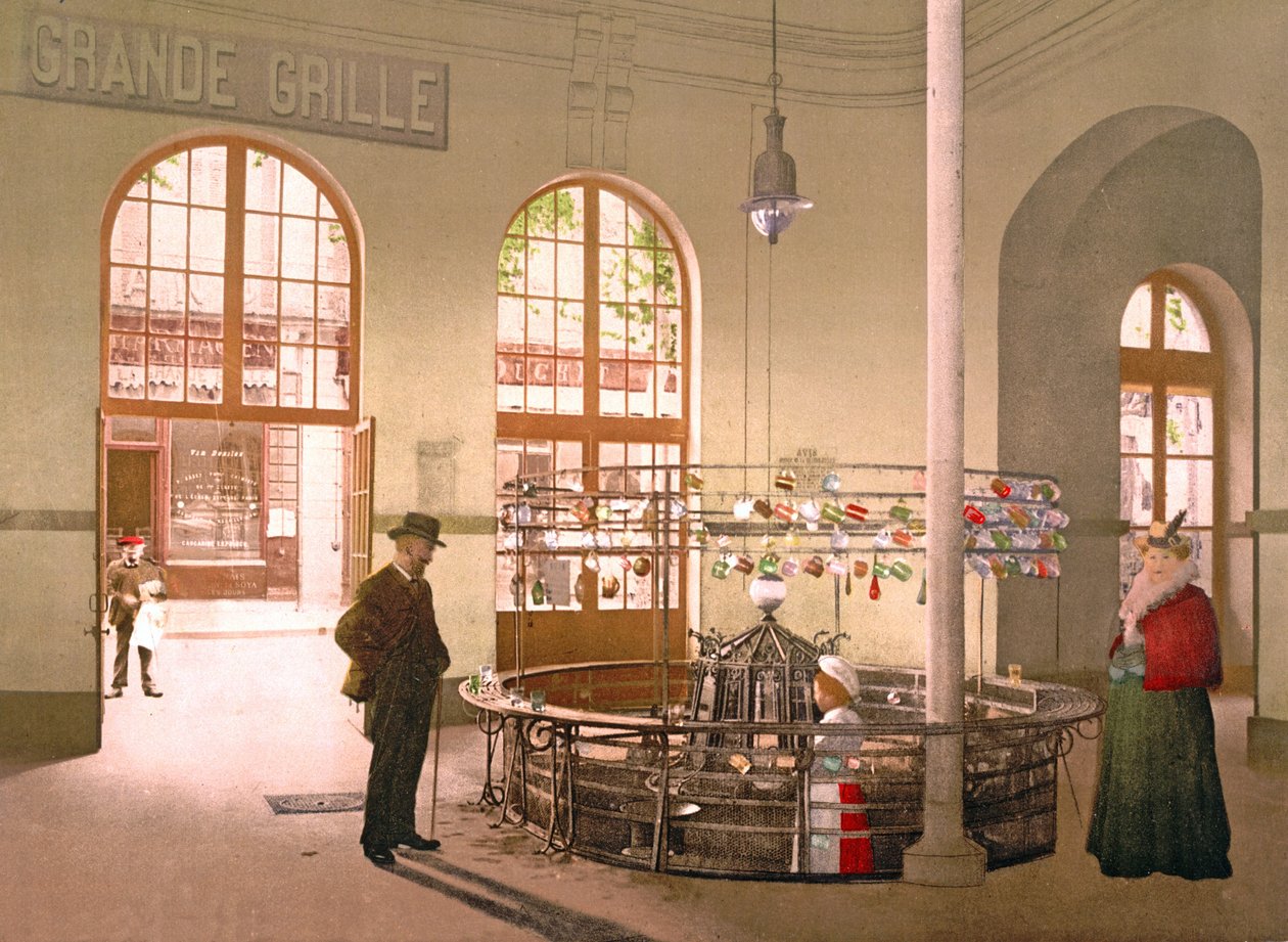 Vichy källvatten såldes i glas vid Grande Grille-källan, 1890-1900 av French Photographer