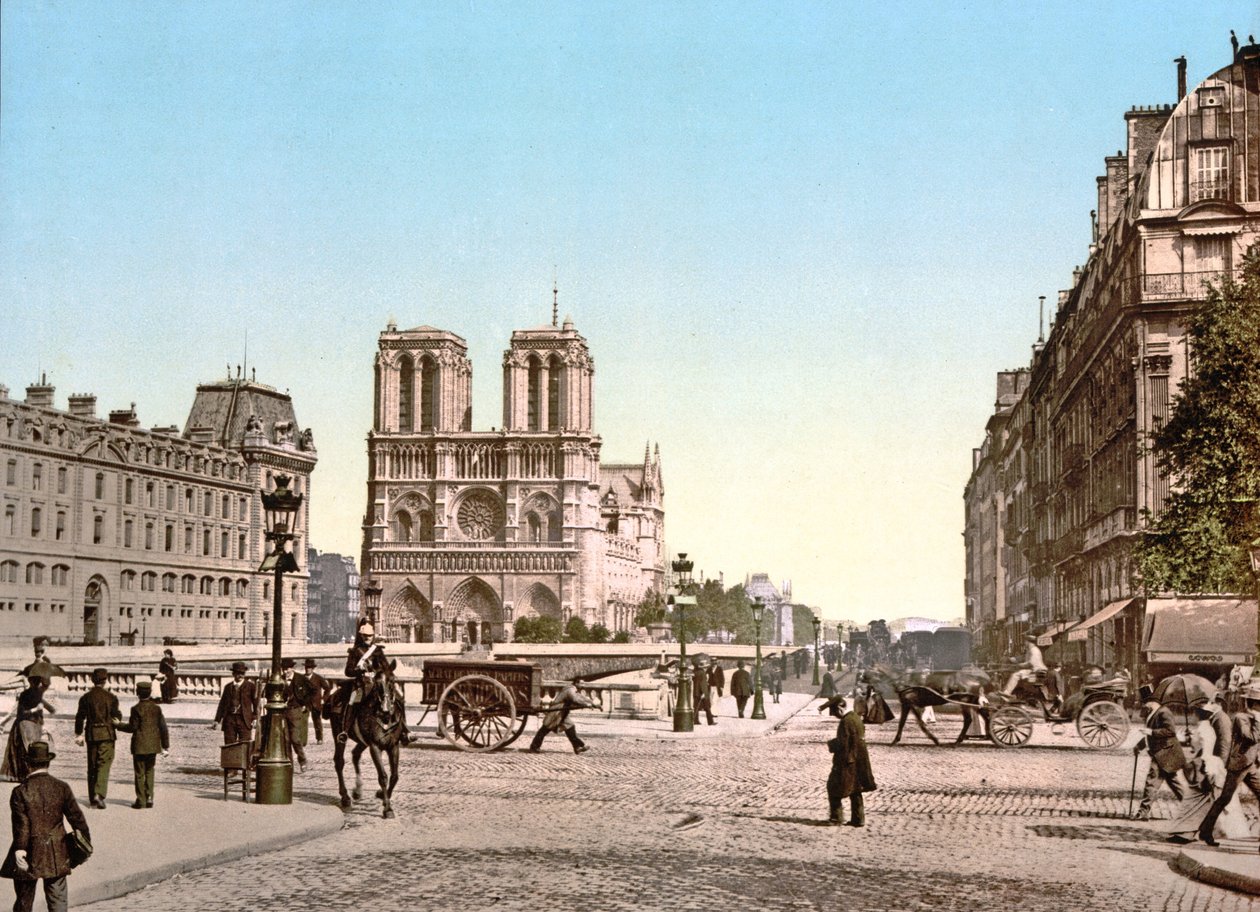 Västra fasaden av Notre Dame och Pont St. Michel, Paris, pub. c.1900 av French Photographer