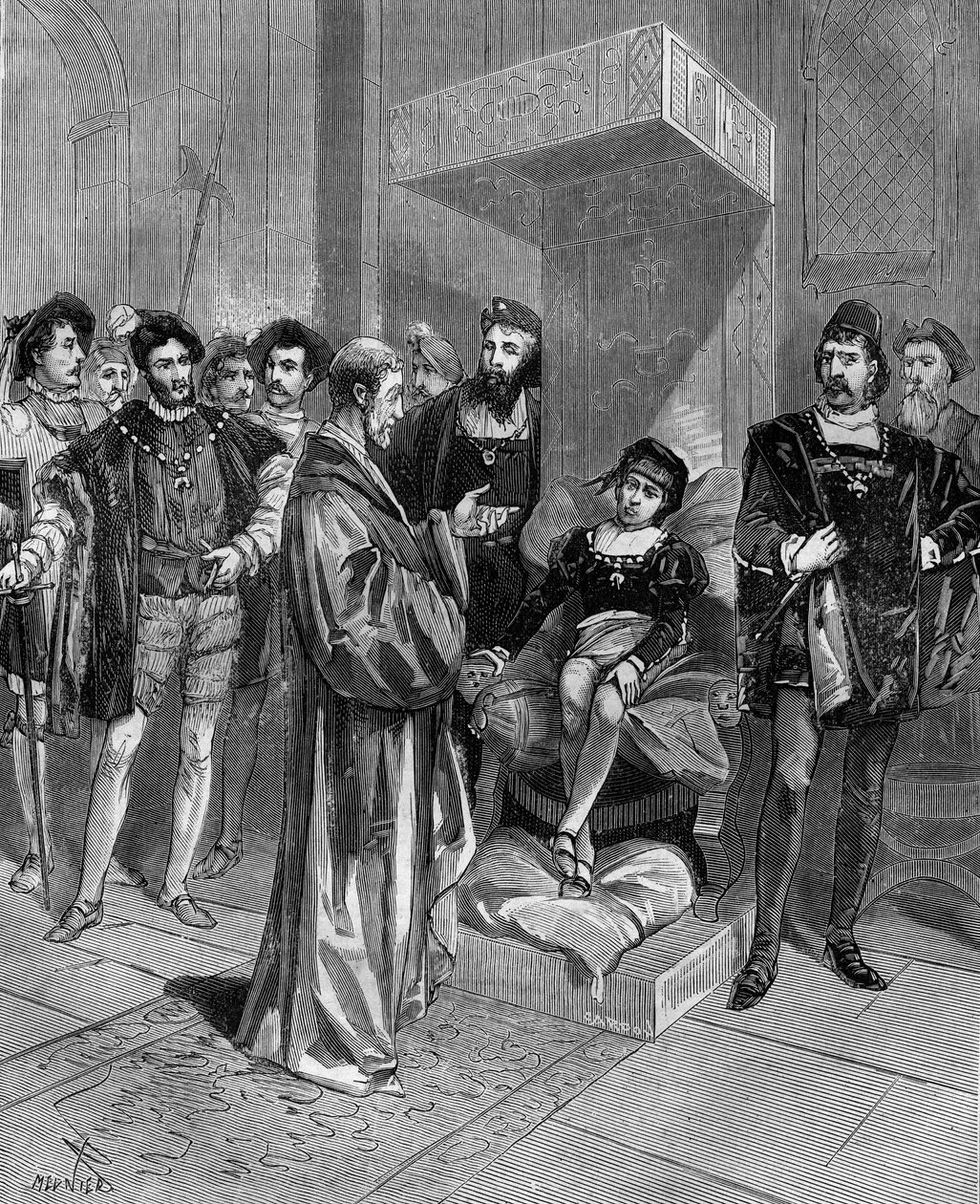 (Cardanus Hieronymus) Gerolamo Cardano (Jerome Cardan), italiensk läkare, matematiker och filosof (1501-1576), som presenterar horoskopet för kung Edward VI av England. i ”Populär vetenskapshistoria, uppfinningar och upptäckter från de första århundradena  av French School