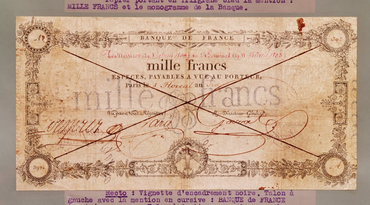 1000 francs sedel från 8 Floreal, An X (28 april 1802) (bläck på papper) av French School