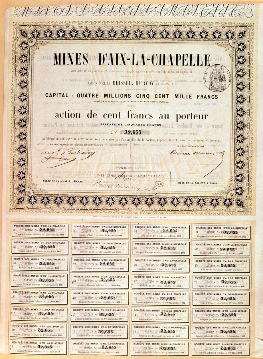 100 francs Bärarandel av Aachens gruvor, 1856 av French School