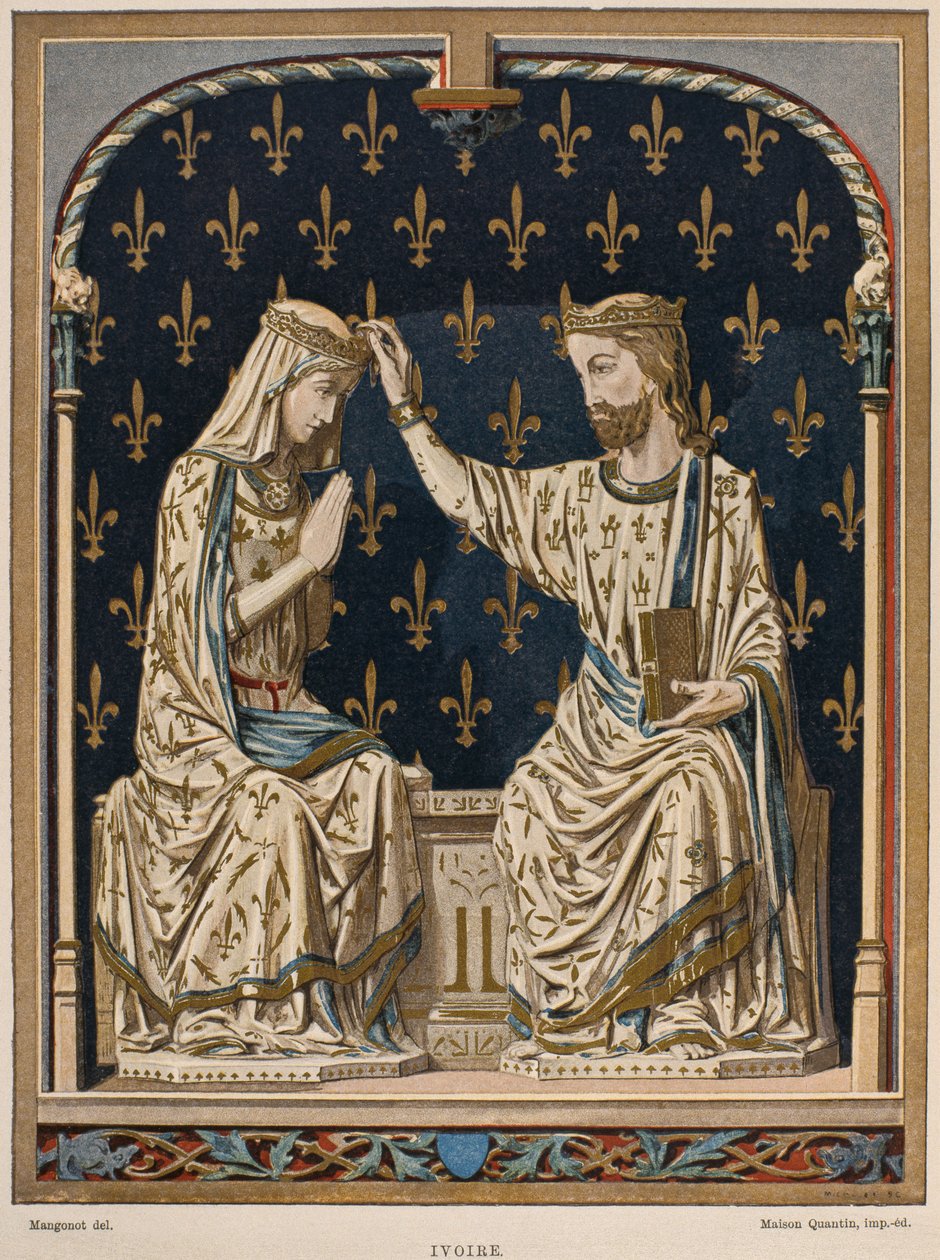 1300-talets kröning av Jungfrun, elfenben från Louvren, illustration från Dictionnaire de lameublement et de la dekoration av Henry Havard, volym 3, tavla 1, Paris, Maison Quantin, 1878 (co. av French School