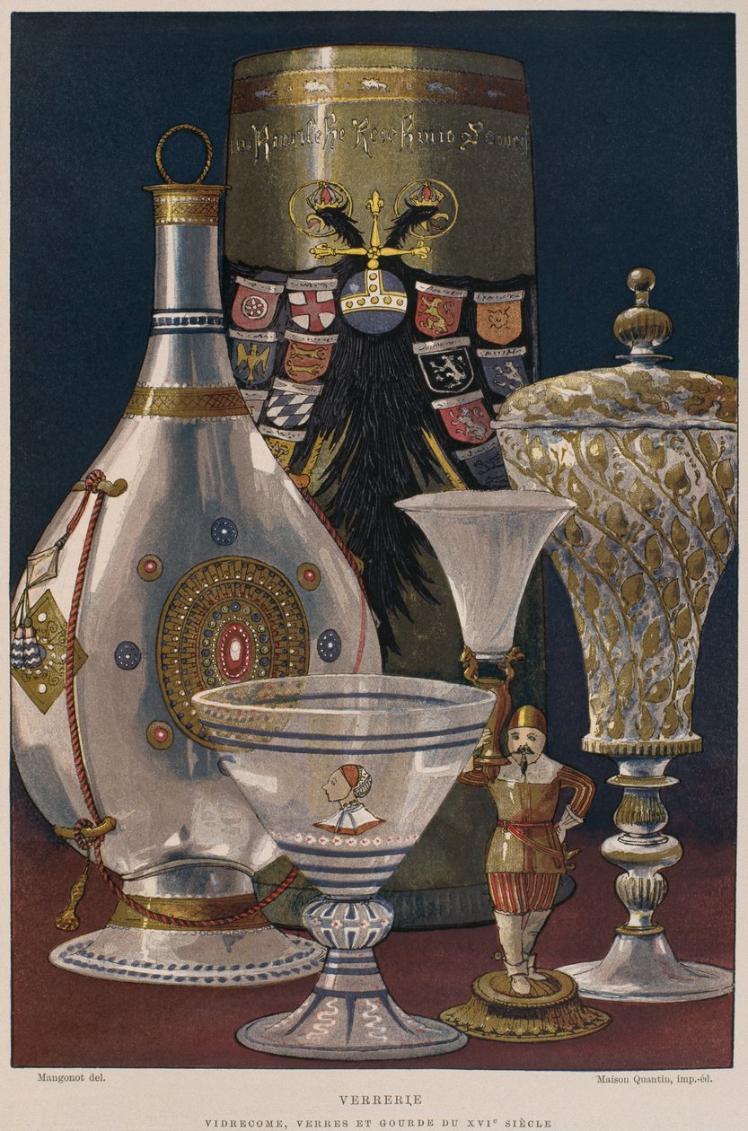1500-talsglas, illustration från Dictionnaire de lameublement et de la dekoration av Henry Havard, volym 4, tallrik 61, Paris, Maison Quantin, 1878 av French School