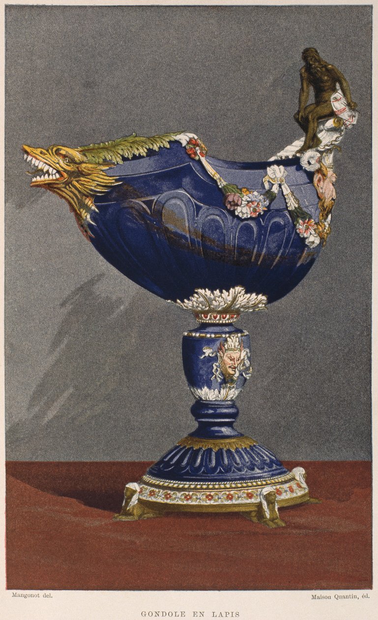 1500-tals gondolformad bägare inlagd med lapis lazuli, monterad i emaljerad och förgylld silver, illustration från Dictionnaire de lameublement et de la dekoration av Henry Havard, volym 2, tallrik av French School