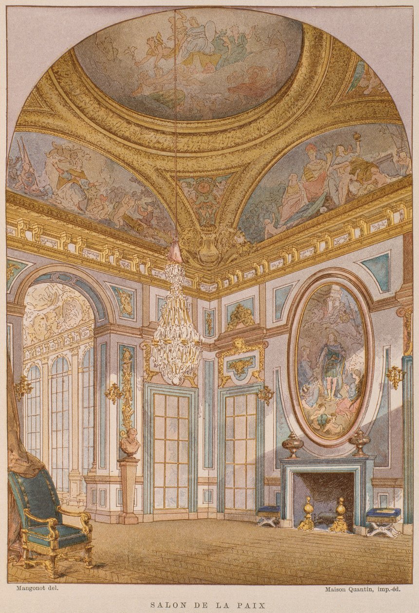 1600-talet Living Peace, Chateau de Versailles, illustration från ordboken över inredning och dekoration av Henry Havard, Volym 4, Lägenhet 36, Paris, Maison Quantin, 1878 (färg li av French School
