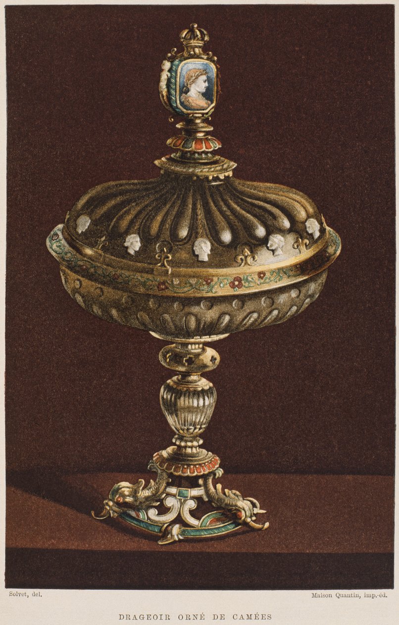 Söt burk från 1600-talet med kaméer, illustration från Dictionnaire de lameublement et de la dekoration av Henry Havard, volym 2, tallrik 11, Paris, Maison Quantin, 1878 av French School