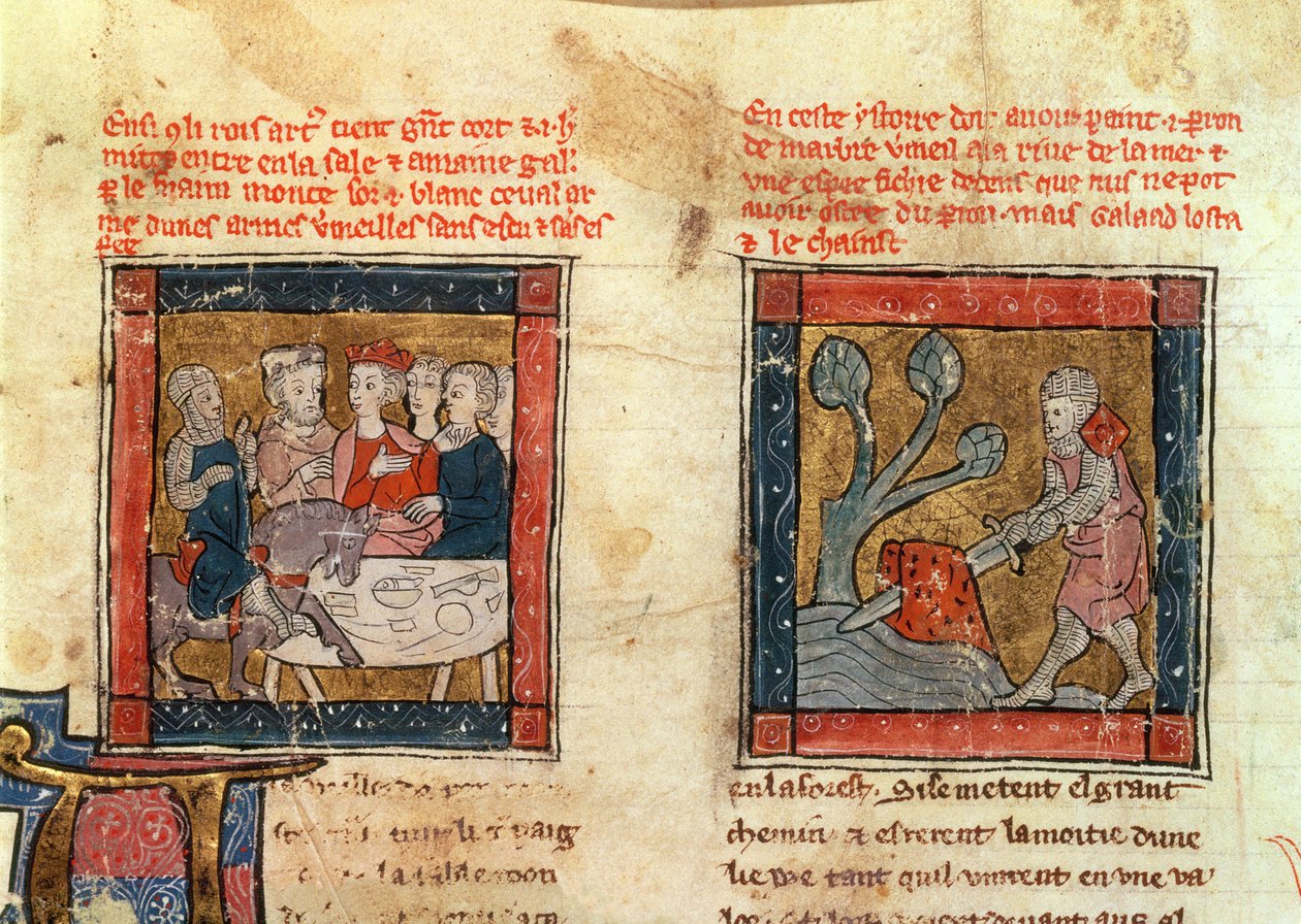 184 Fr.110 f.405 Galahad kommer till Arthur och Galahad drar svärdet från den flytande stenen i floden vid Camelot, ca 1250-80 (se även 150479) av French School