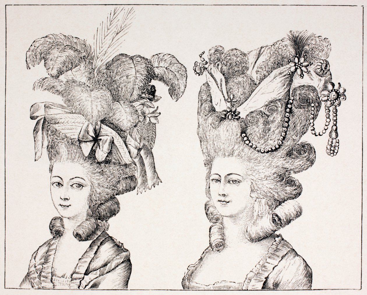 Franska 1700-talsflickor som bär extravaganta frisyrer och hattar, 1875 av French School