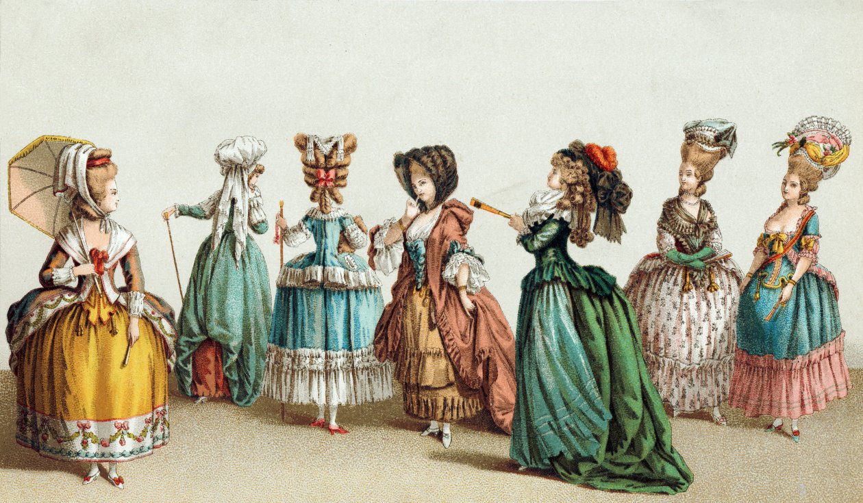 Franskt dammode och frisyr från 1700-talet av French School