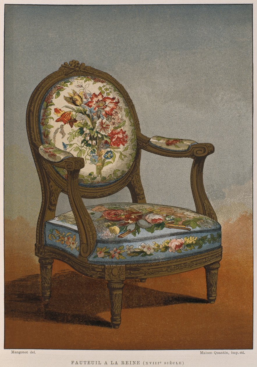 1700-tals a la reine fåtölj med blommig gobeläng, illustration från Dictionnaire de lameublement et de la dekoration av Henry Havard, volym 4, tallrik 29, Paris, Maison Quantin, 1878 (färg av French School