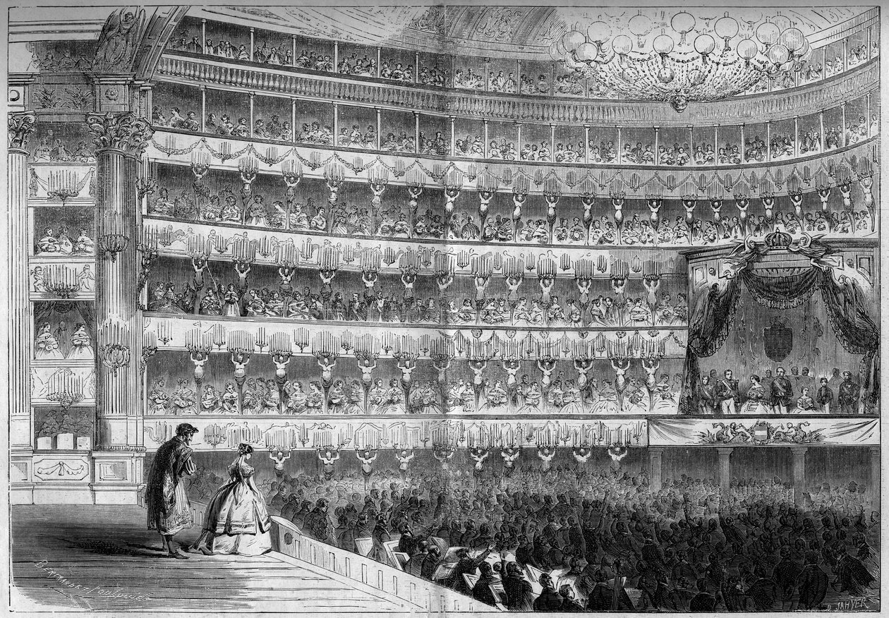 1700-talsarkitektur: interiörvy av Theatre Royal (Teatro Regio) i Turin (Italien) under en galashow den 23 januari av French School