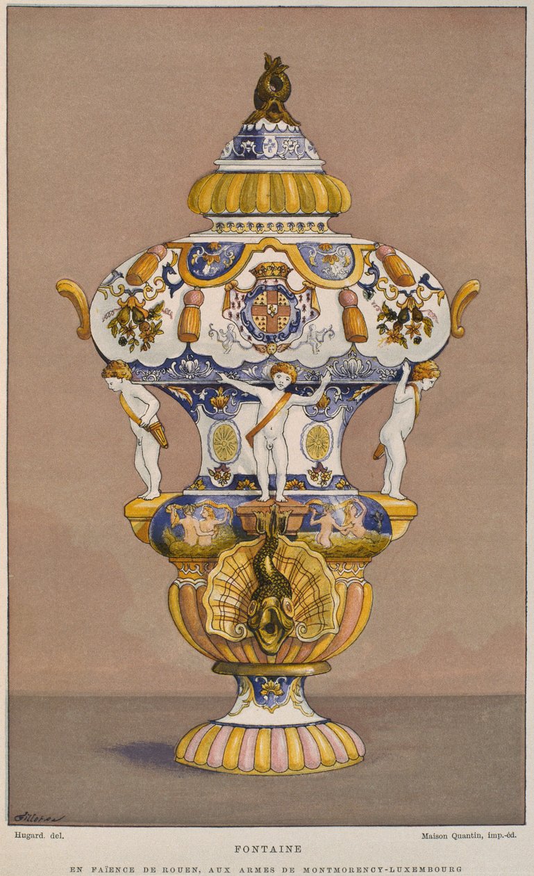 1700-tals fajansfontän med Montmorency Luxemburgs vapen, tillverkad i Rouen, illustration från Dictionnaire de lameublement et de la dekoration av Henry Havard, volym 2, av French School