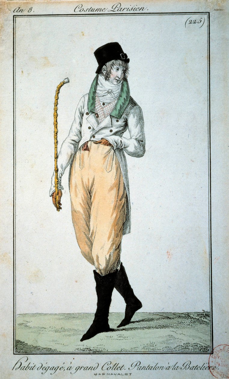 1700-talsmode: parisisk kostym med stor krage, byxor med båtar. Paris, Musee du Costume av French School
