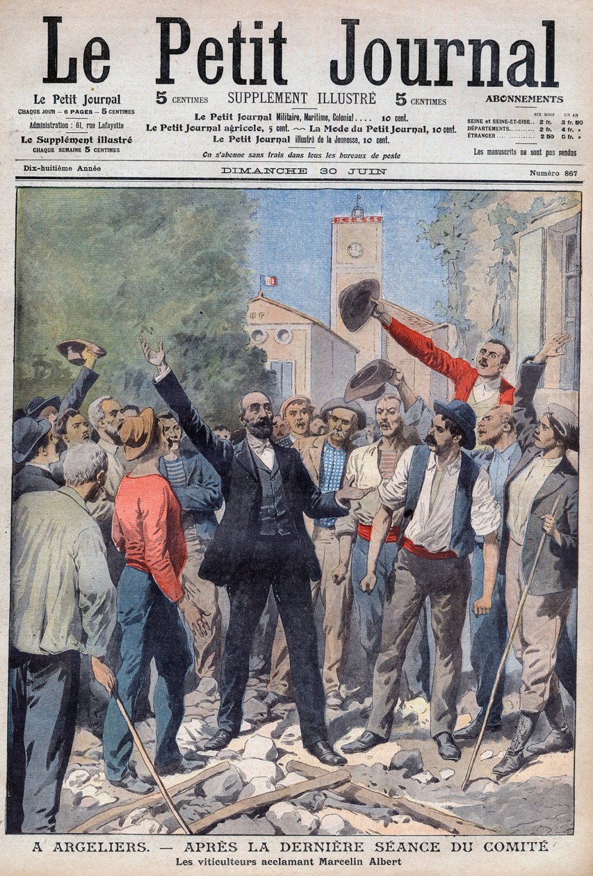 1907 - vinkris i södra Frankrike - förstasidan av tidningen "Le Petit Journal" den 30 juni 1907 (gravyr) av French School