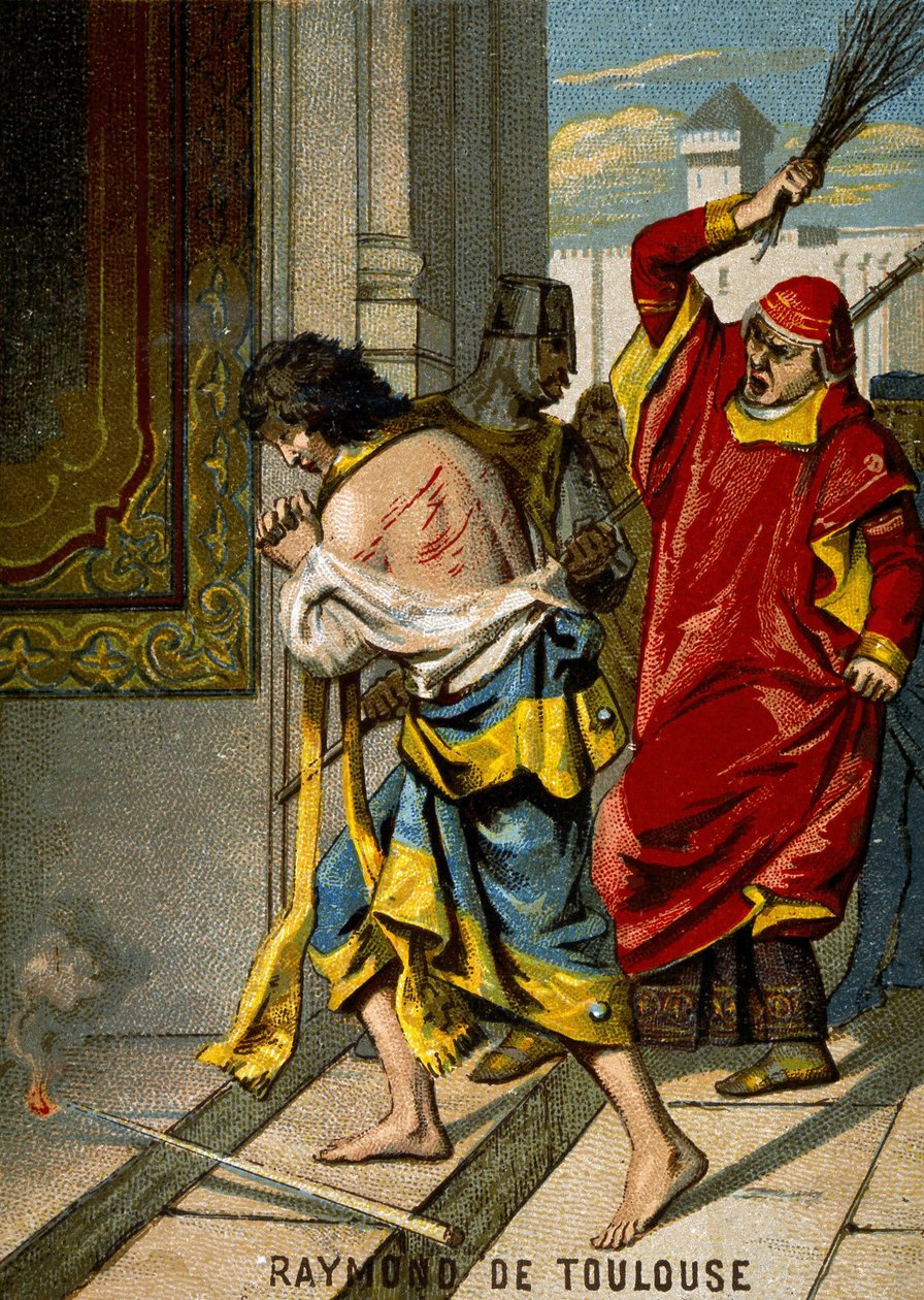 22/06/1209. Raymond VI greve av Toulouse, bannlyst av påven Innocentius III för att inte förfölja katharerna, anklagar för att ha varit anstiftaren till mordet på Pierre de Castelnau, rättar sig hedervärd och är flageller offentligt i Saint Gilles. Chromol av French School