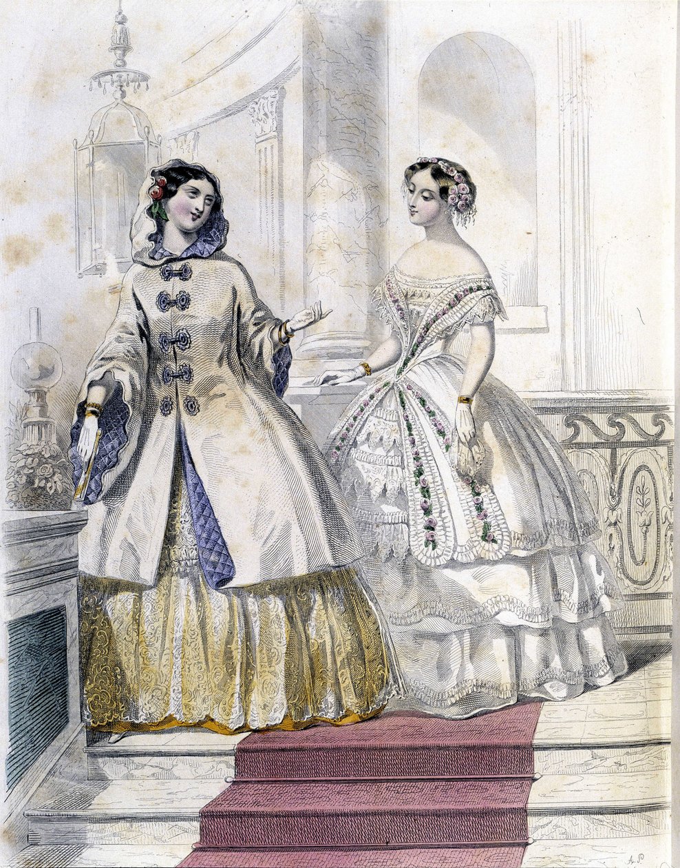 2 fashionabla kvinnor - i "" Journal des Demoiselles"" 1852. av French School