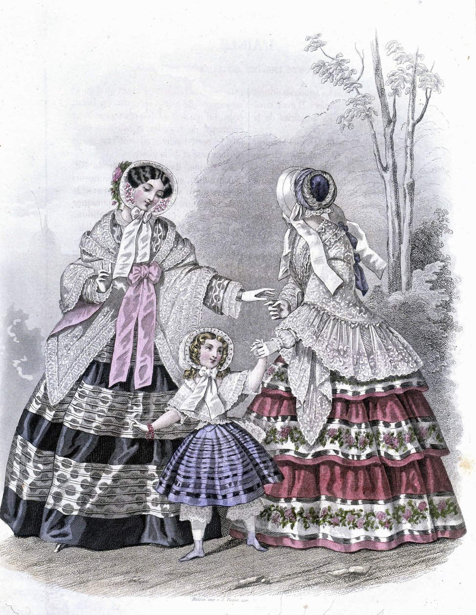 2 fashionabla kvinnor med en tjej på promenad - i "Journal des Demoiselles"" 1852. av French School
