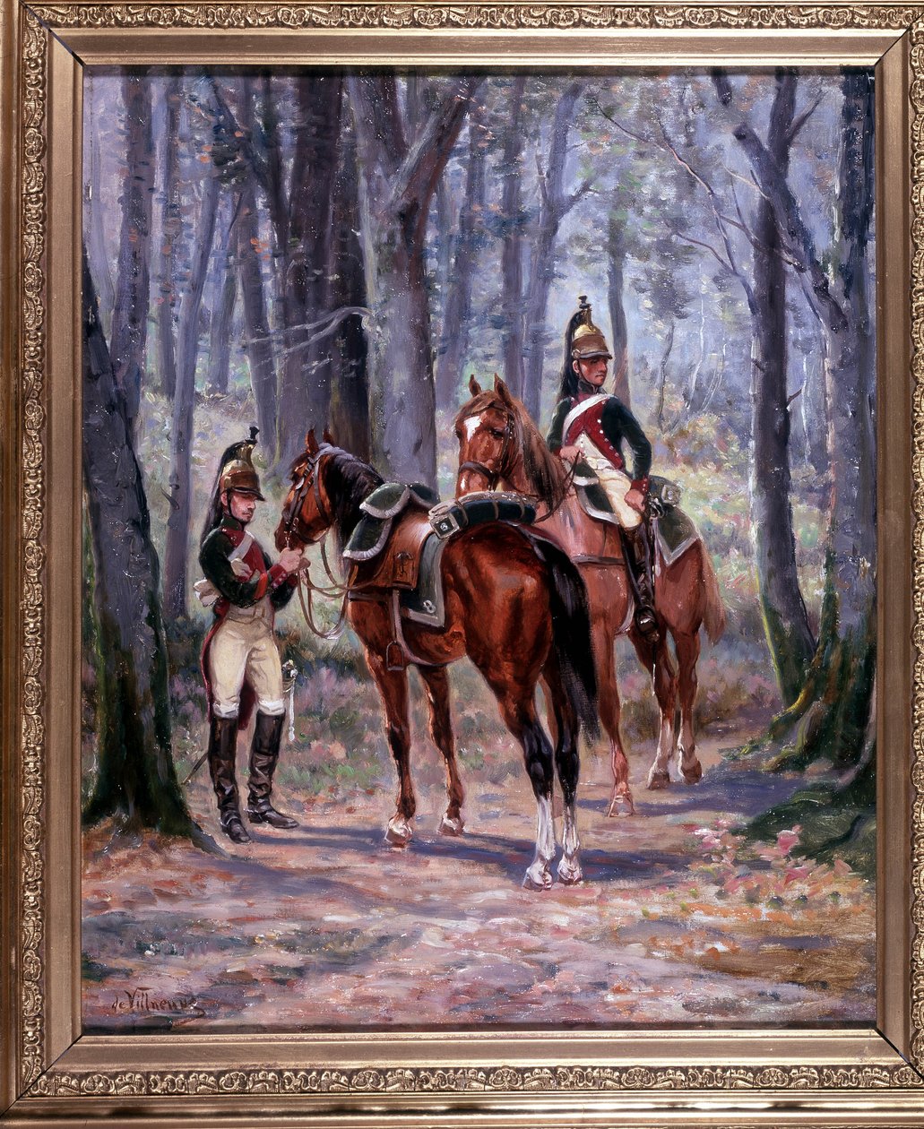 2 ryttare av 8th Dragons, borta som scouter, målning 65 x 58 cm, olja på duk av De Villeneuve, militärmålare sent 1800-tal. av French School