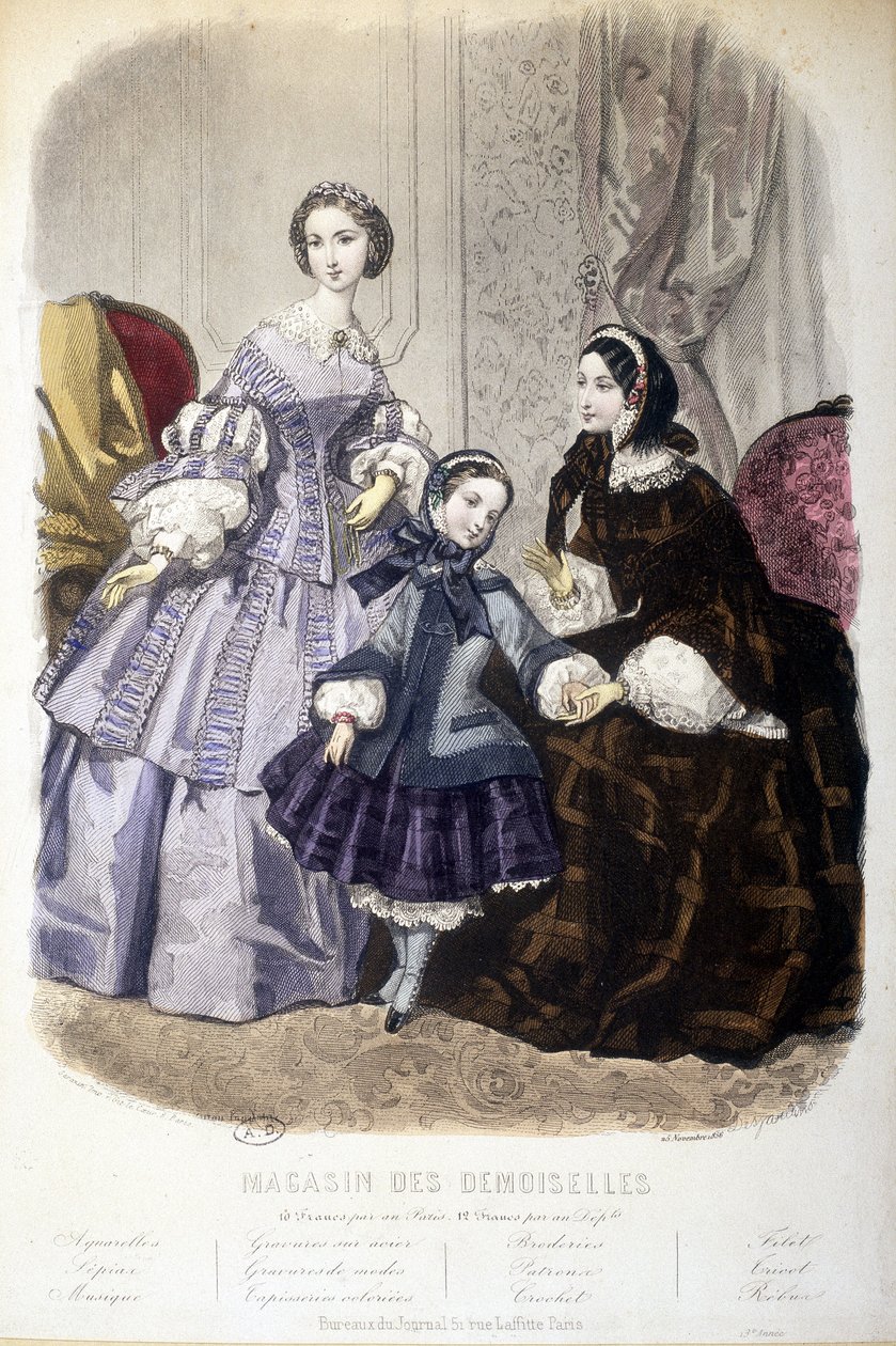 2 kvinnor och en tjej: Mode - i “” Magasin des damoiselles””. sd. omkring 1850. av French School