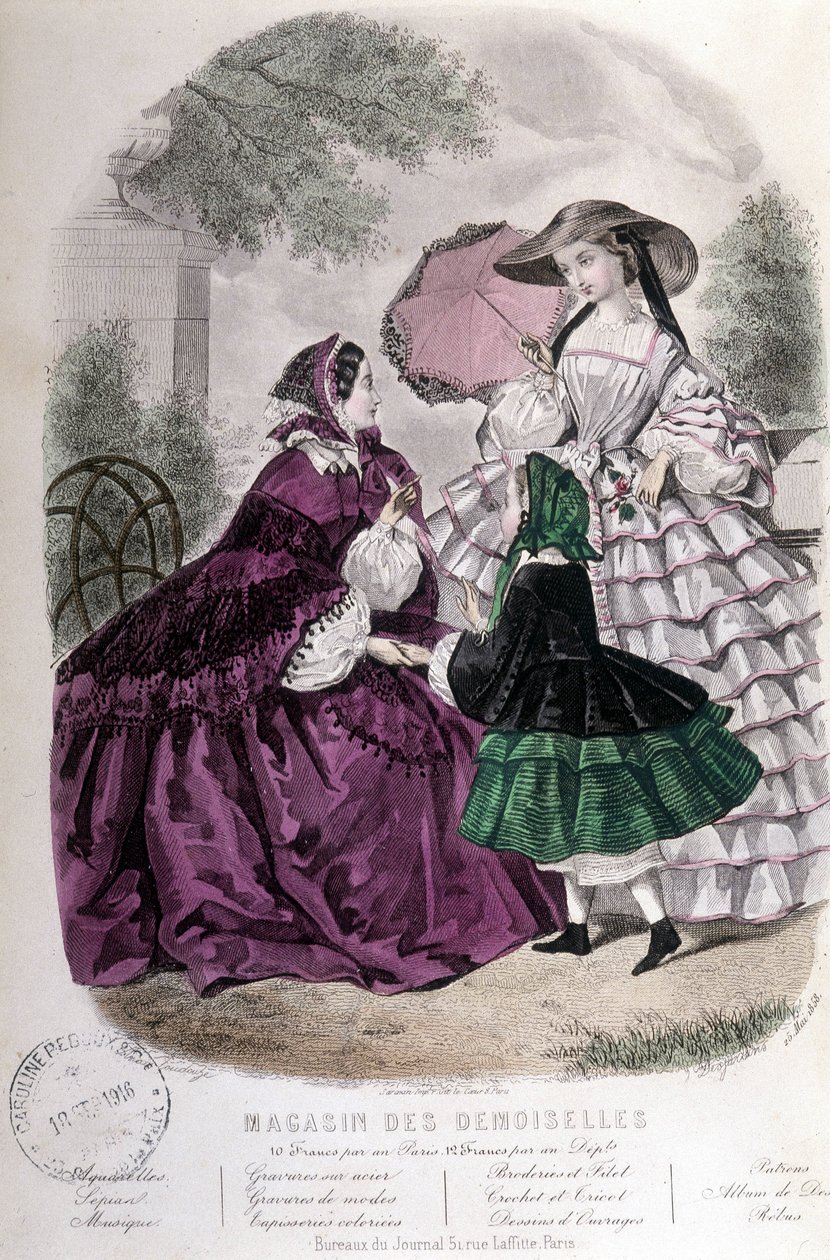 2 kvinnor och en tjej: Mode - i “” Magazine des damoiselles””. 1858 av French School