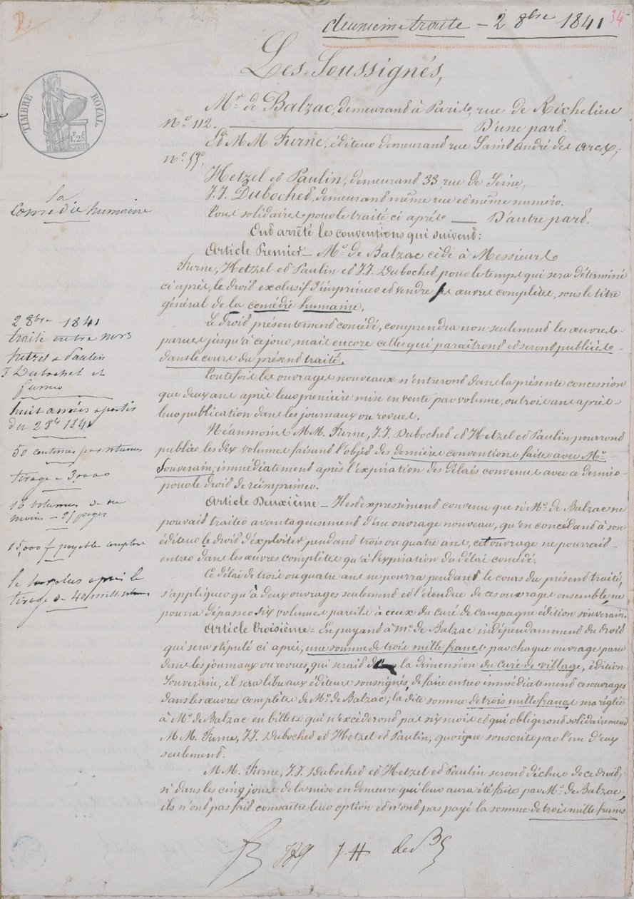 2:a kontraktsdokumentet avseende La Comedie Humaine mellan Honore de Balzac (1799-1850) och Hetzel, Paulin, Dubochet och utgivaren Charles Furne, 2 oktober 1841 av French School