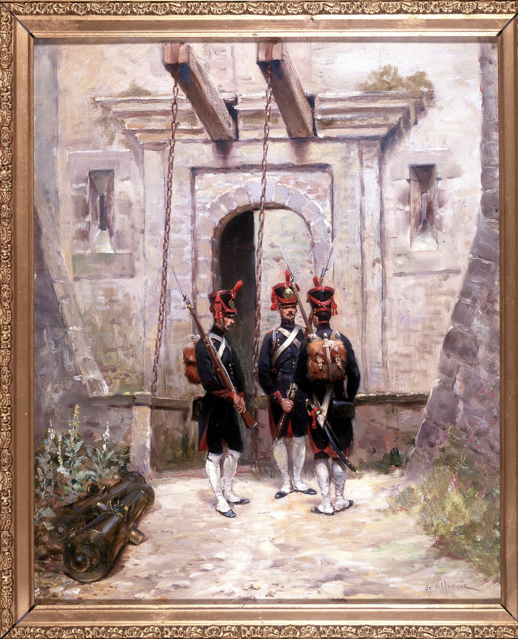 3 konverterande skyttar, målning 65 x 58 cm, olja på duk av De Villeneuve, militärmålare sent 1800-tal. av French School