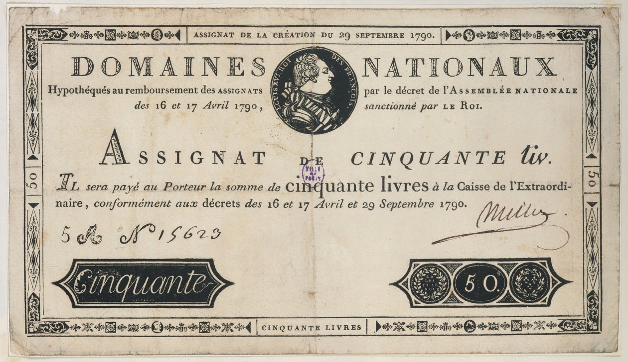 50 livres sedel, 29 oktober 1790 av French School