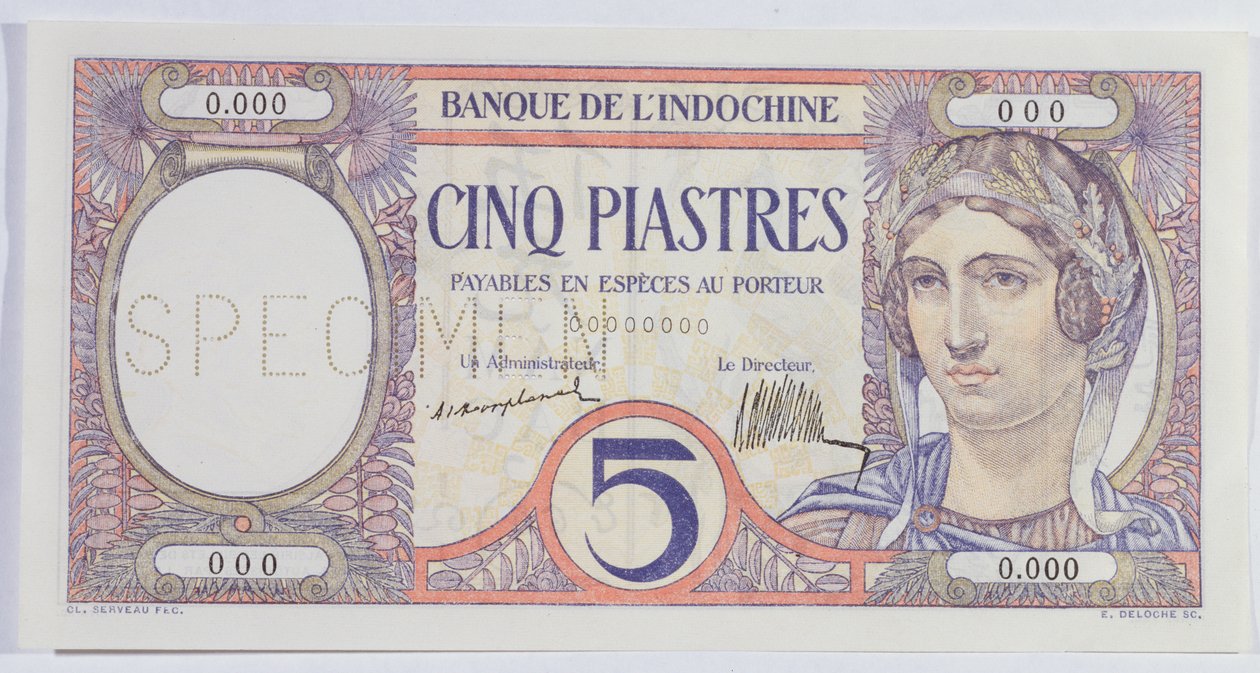5 Piastres sedel, från Indo-Kina bank (papper) av French School