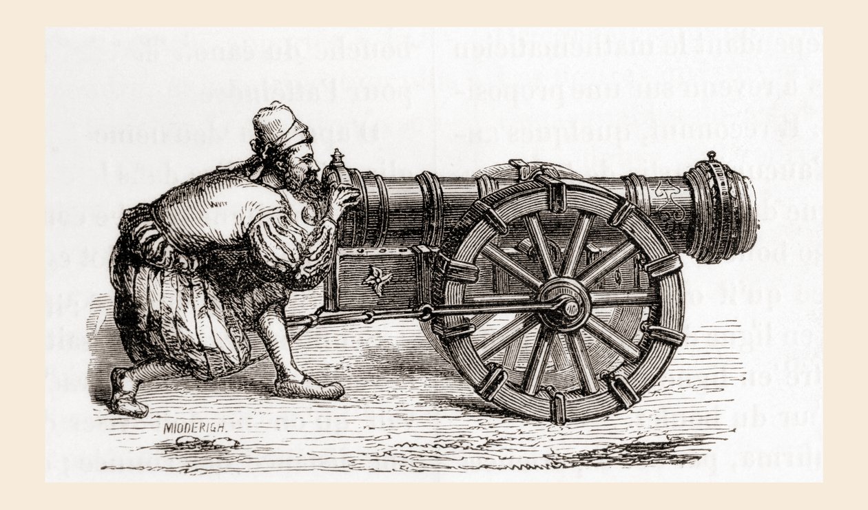 En tysk kanon med bakslut från 1500-talet från Les Merveilles de la Science, publicerad ca 1870 (gravyr) av French School