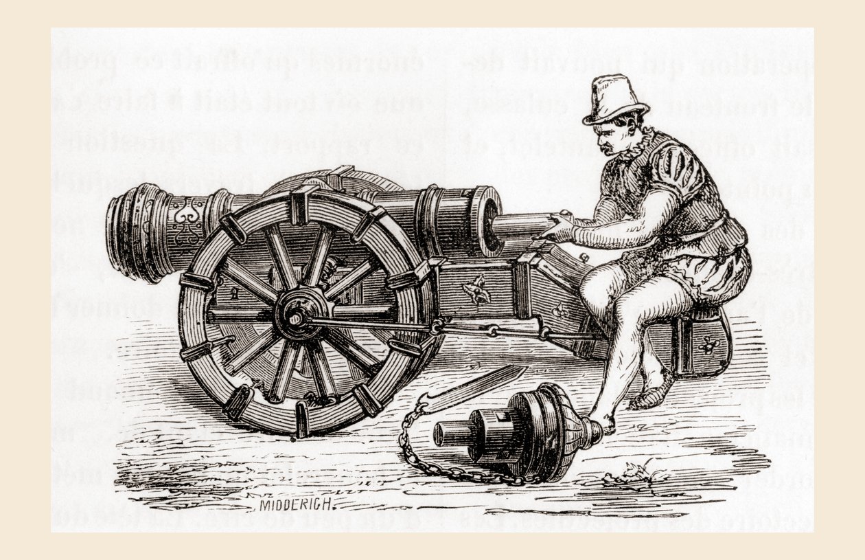 En tysk kanon med bakslut från 1500-talet från Les Merveilles de la Science, publicerad ca 1870 (gravyr) av French School