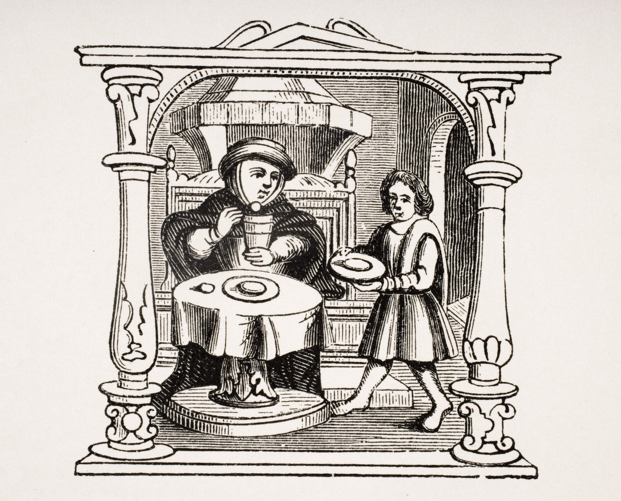 A Burgess Eating his Meal, efter en illustration i ett 1500-talsmanuskript, från Le Moyen Age et La Renaissance av Paul Lacroix (1806-84) publicerad 1847 av French School