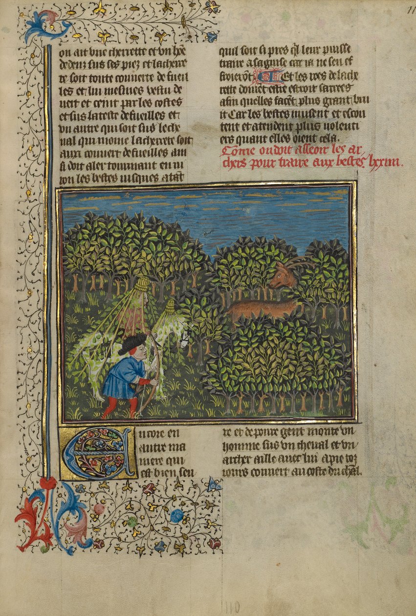 En kamouflerad ryttare och en bågskytt närmar sig ett rådjur, ca 1430-40 (tempera, guld- och silverfärg och bladguld på pergament) av French School