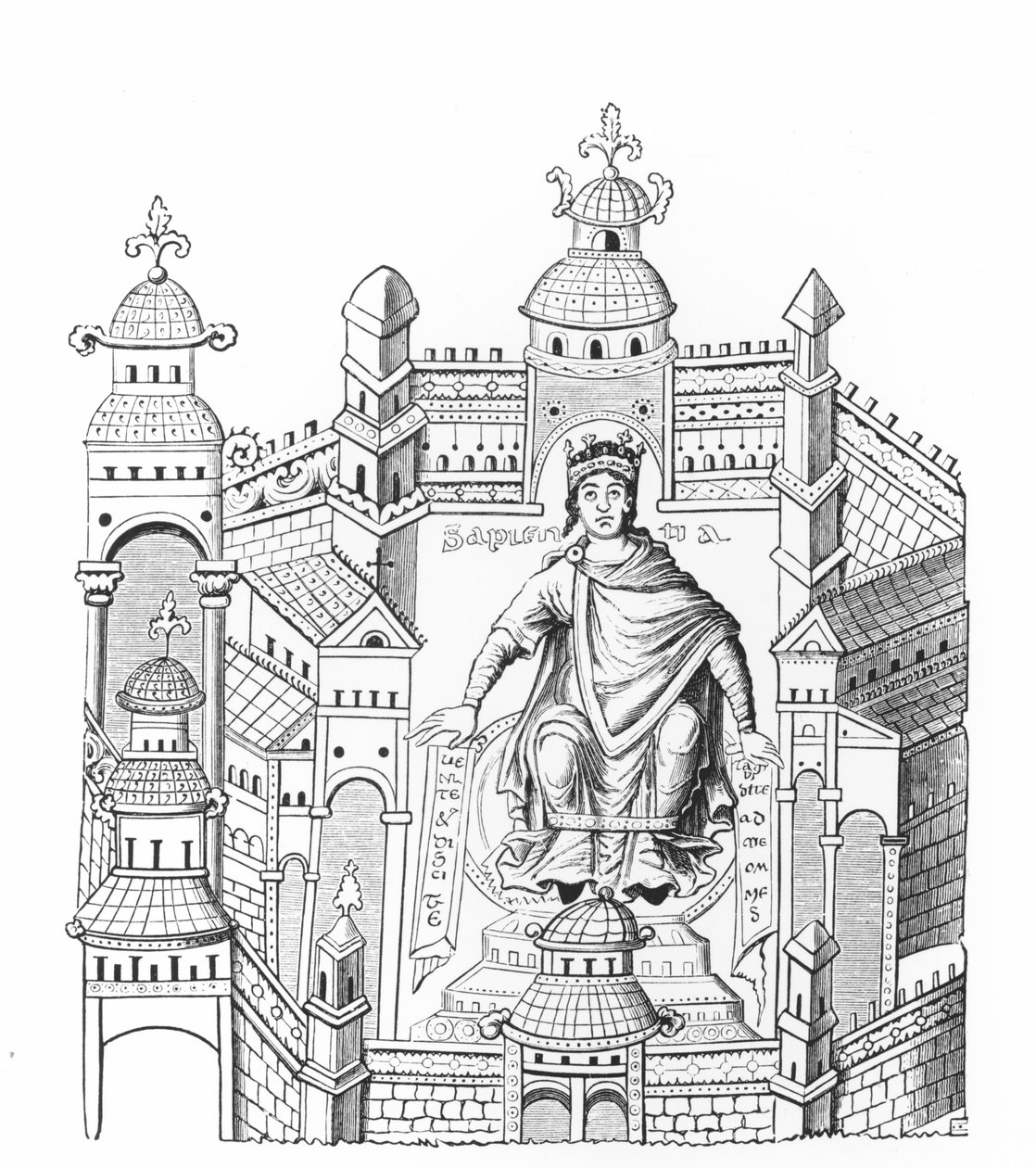 En karlovingisk kung i sitt palats, som personifierar visdom som tilltalar hela mänskligheten, efter en miniatyr i ett manuskript, kopierat av greve Horace de Viel-Castel (1798-1864) av French School