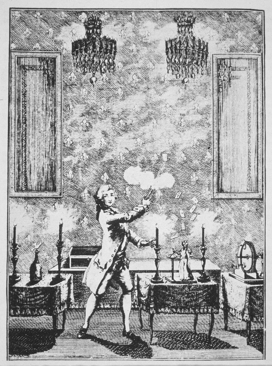 A Demonstration of Conjuring från La magie Blanche devoilee av Decremps, 1659, illustrerad i a History of Magic, publicerad i slutet av 1800-talet av French School