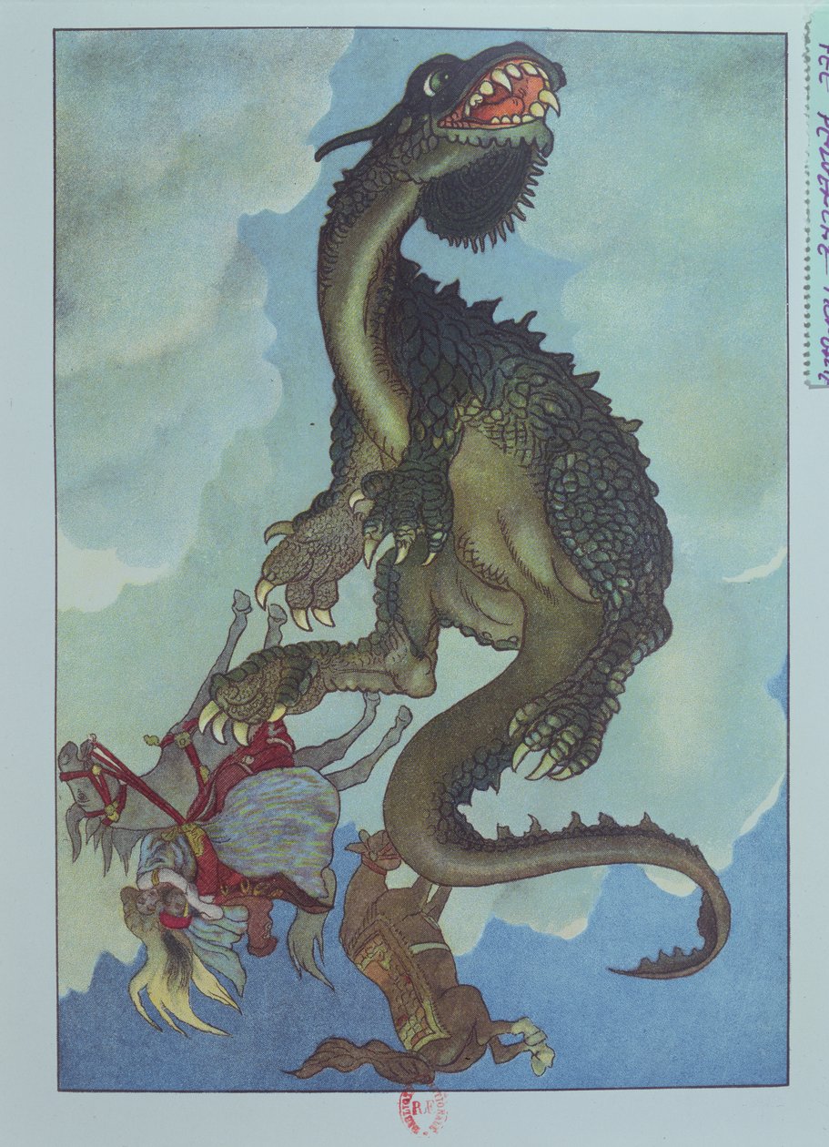 En drake som faller från himlen, illustration från den ungerska berättelsen, 