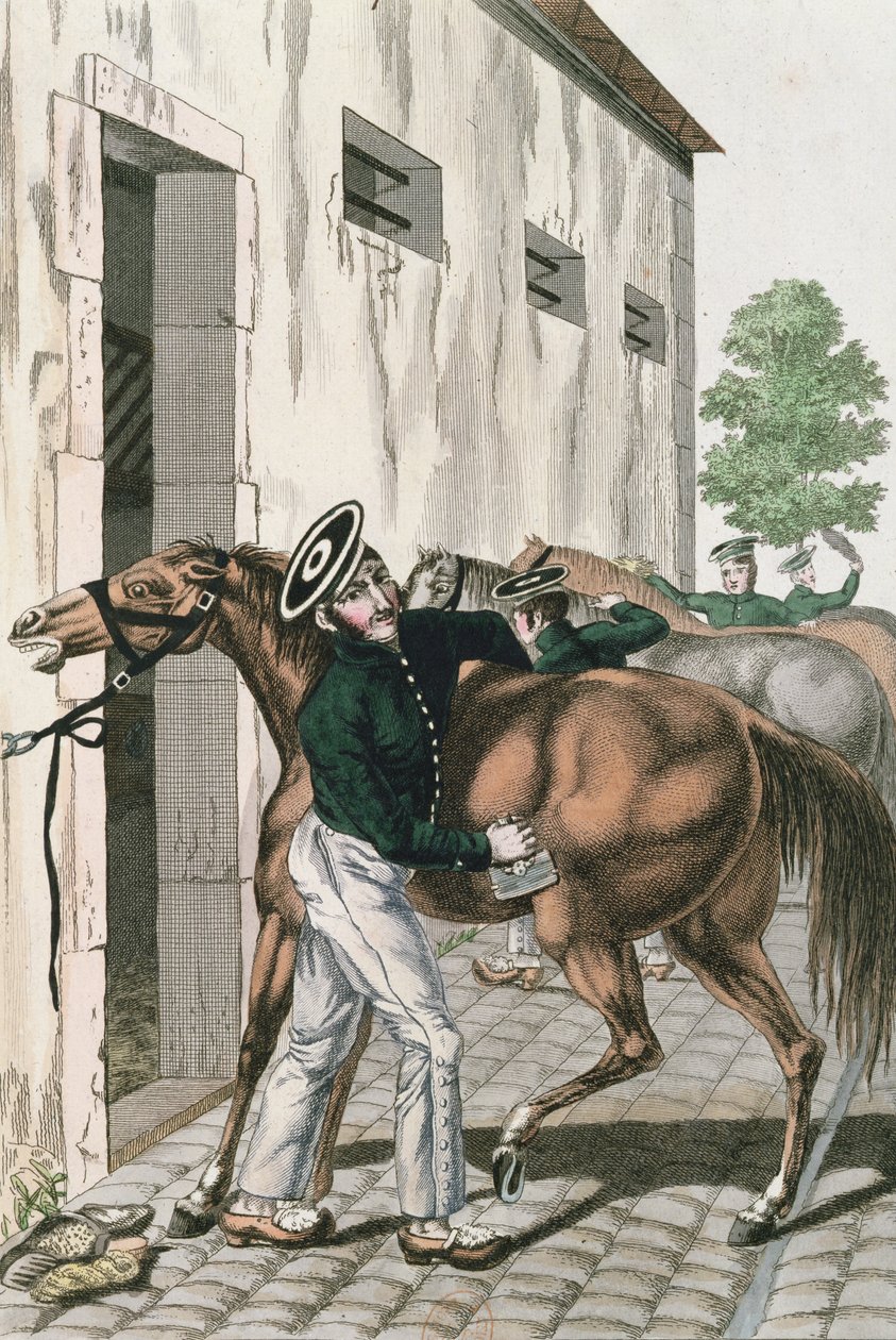 En dragon som sköter sin häst, skylt 257 från en serie franska kejserliga soldater, ca 1800-10 av French School