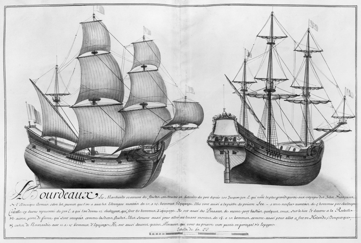 Et hollandsk butiksskib og en pinasse, Bordeaux, illustration fra 