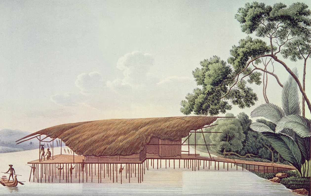 A Dwelling-House over Water, Doreri, Papuan-bukten, från Voyage around the World på Corvette La Coquille (1822-25) av Louis Isidore Duperrey (1786-1865) (se även 10268) av French School