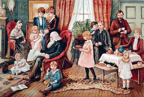 En familj som tar te, ca 1900 (färg litho) av French School