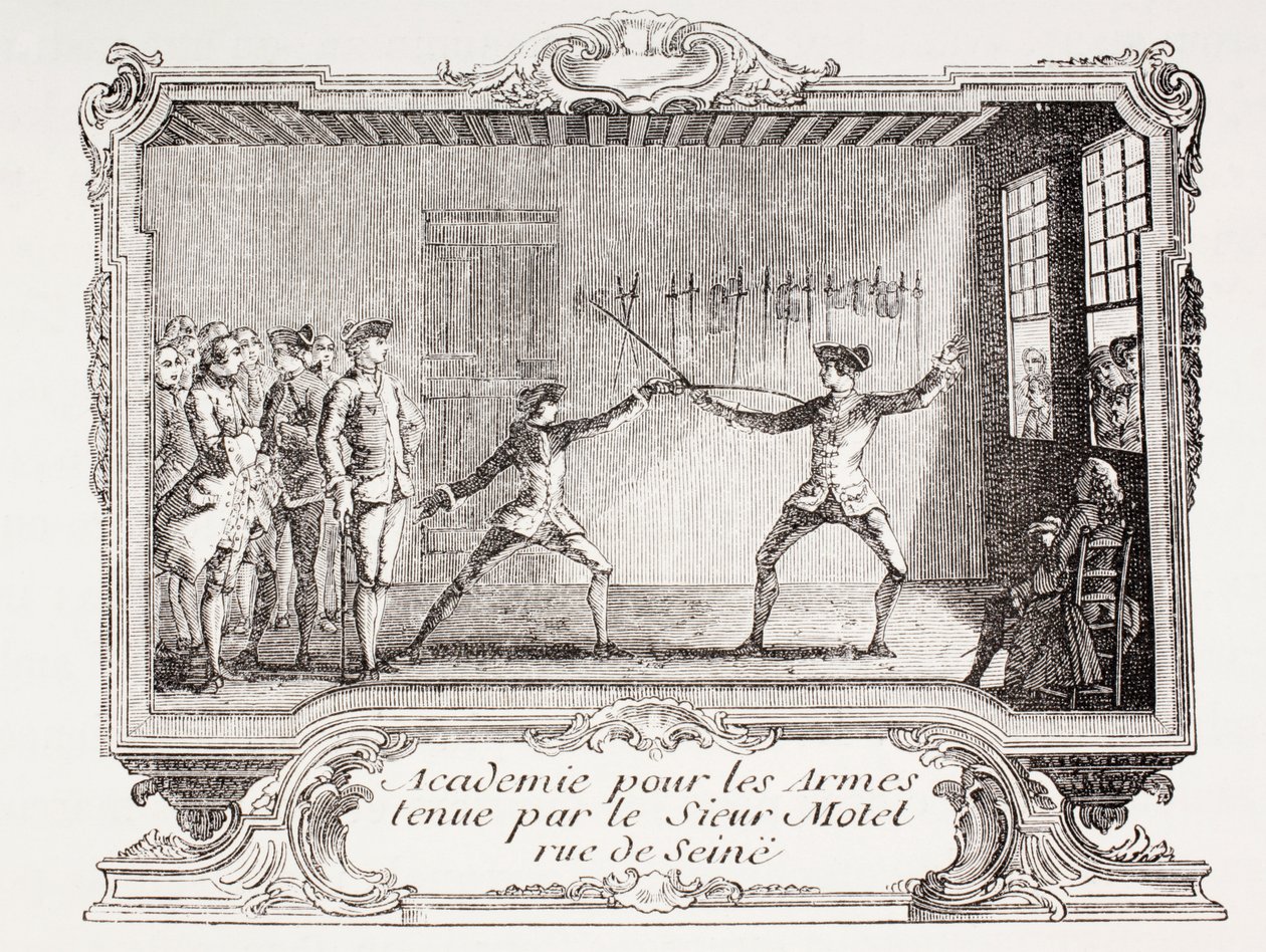 En fäktningsakademi i 1700-talets Paris, 1875 (gravyr) av French School