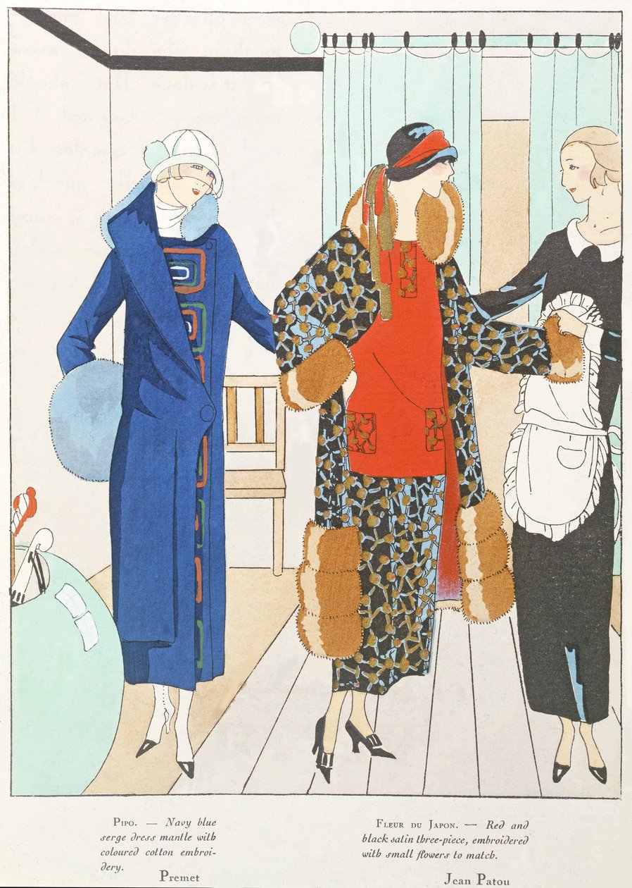 Några vackra nyheter från Art-Gout-Beaute, kostymer av Premet och Jean Patou, oktober 1923 (lito) av French School